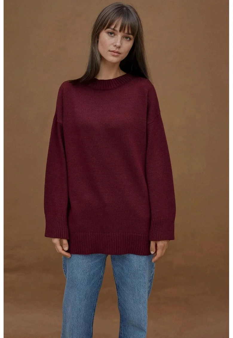 Pulover lung,  tricotat gros, guler rotund, visiniu, tricot
