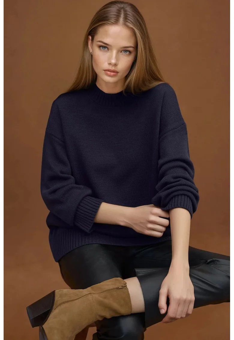 Pulover dama,  lung tricotat, guler rotund, albastru inchis, tricot