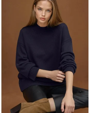 Pulover dama,  lung tricotat, guler rotund, albastru inchis, tricot