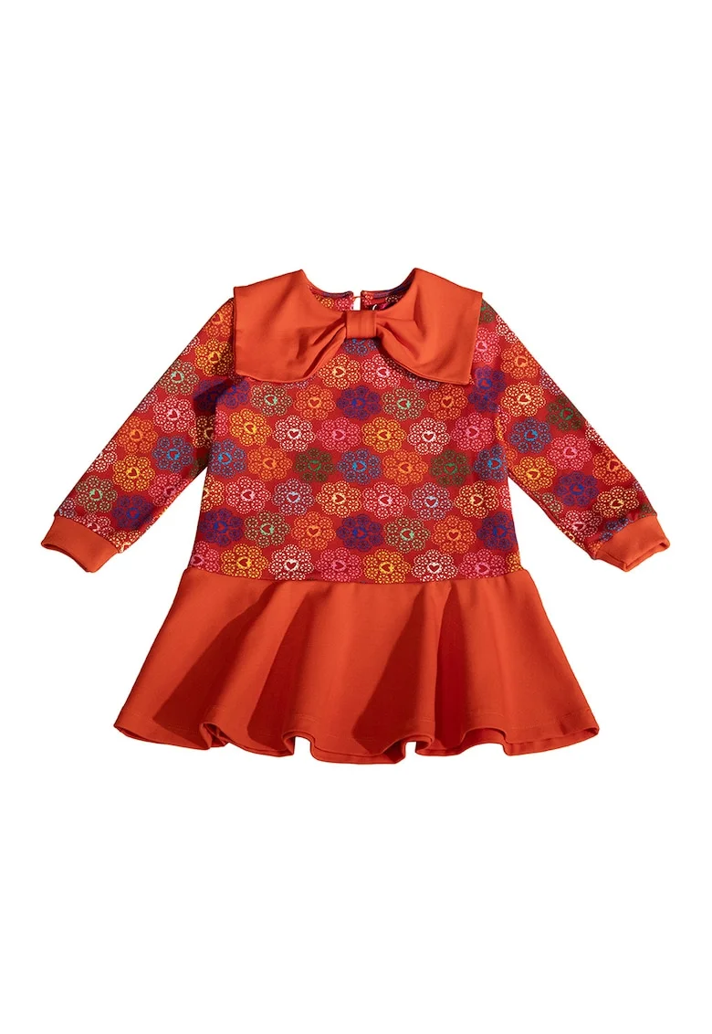 Rochie evazata cu model si guler cu funda, Multicolor