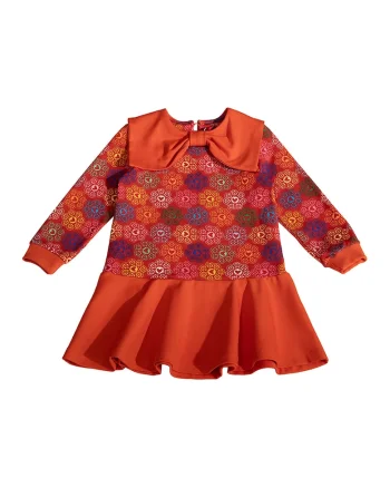 Rochie evazata cu model si guler cu funda, Multicolor
