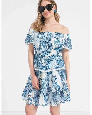 Bluza cu decolteu pe umeri si detalii cu perforatii, Alb/Albastru