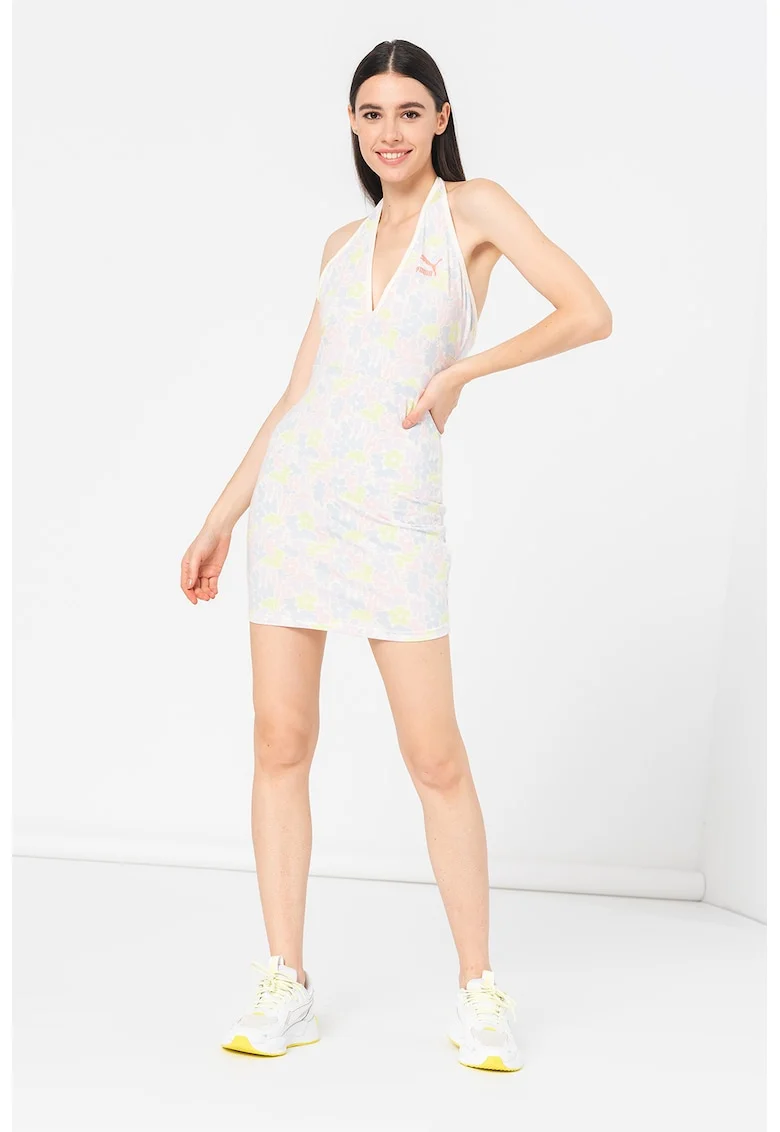 Rochie cu imprimeu si decolteu halter Classics, Verde neon/Lila/Albastru deschis