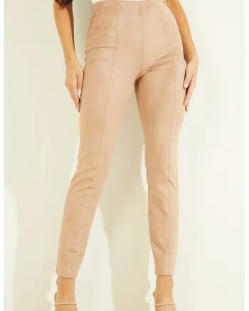 Colanti slim fit de piele intoarsa ecologica Maya, Maro camel