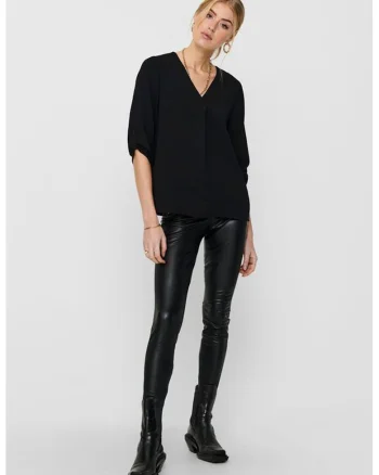 Bluza cu decolteu in V si maneci trei sferturi Divya, Negru