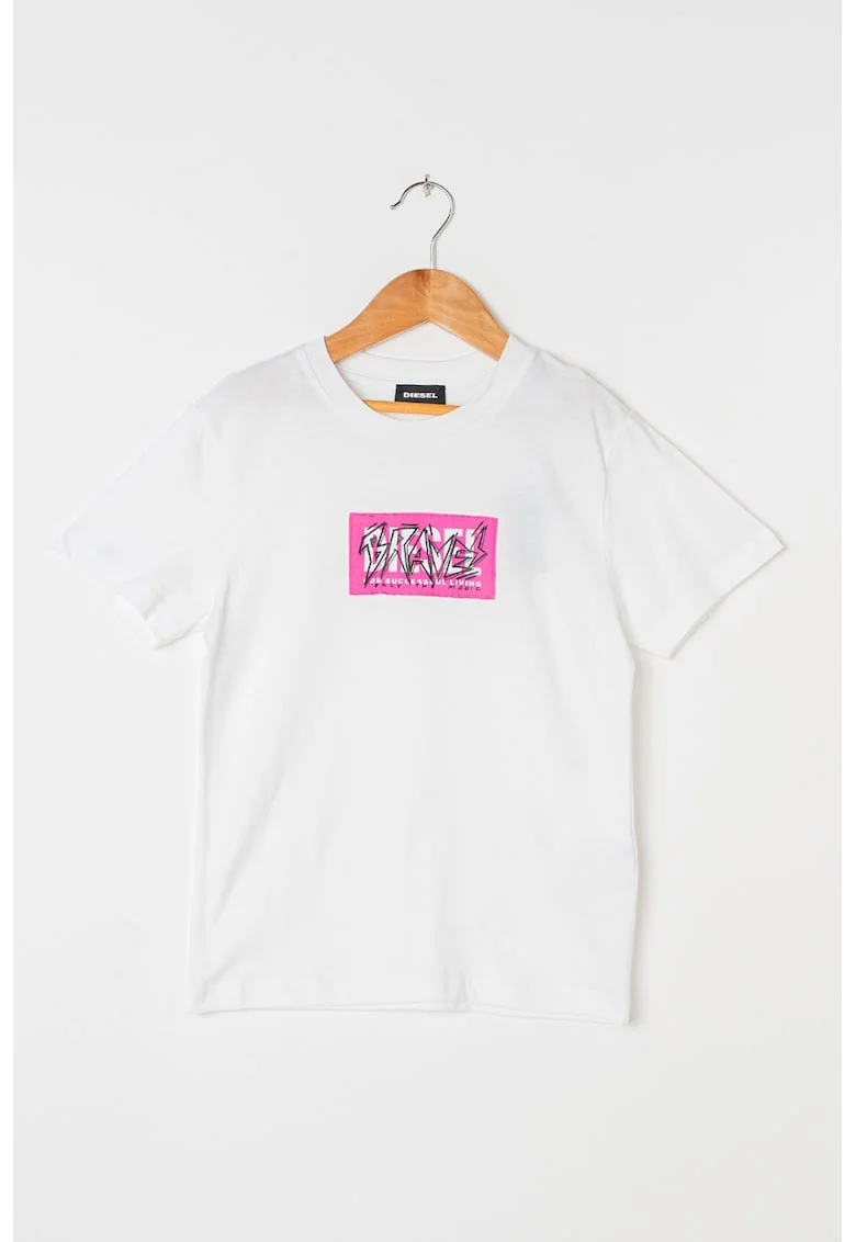 Tricou de bumbac cu imprimeu logo, Alb/Roz aprins