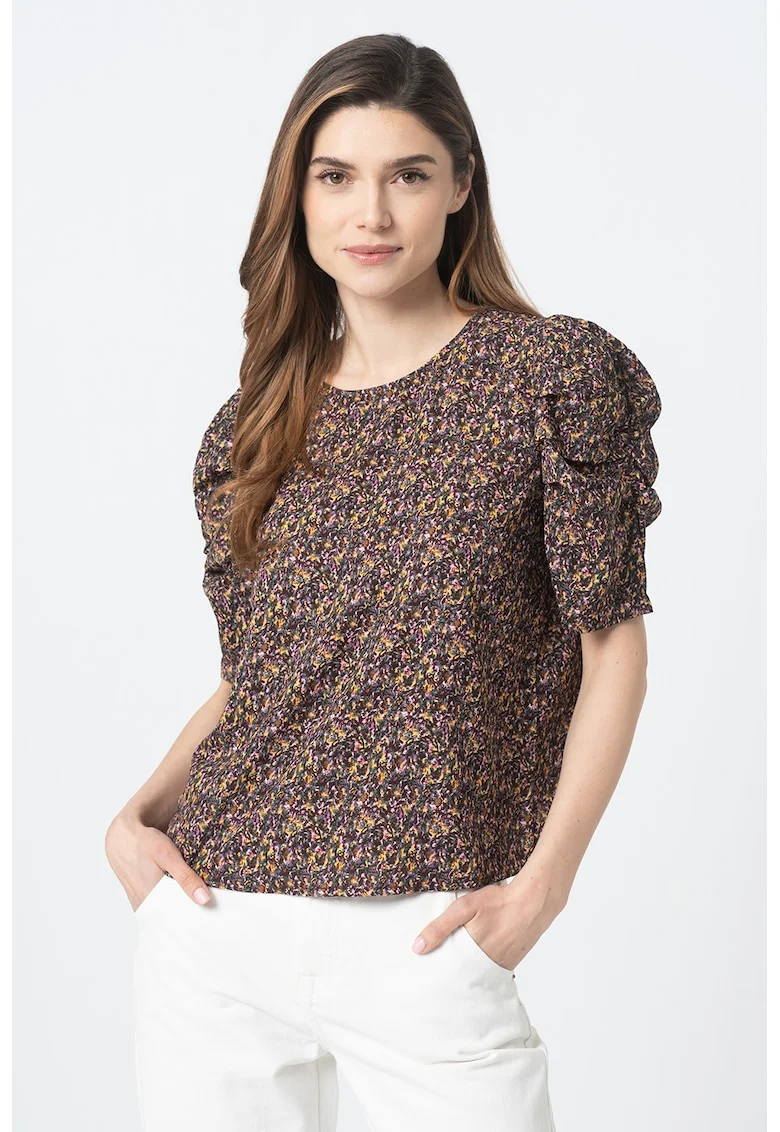 Bluza cu imprimeu floral si maneci bufante Mia, Verde/Maro inchis/Galben