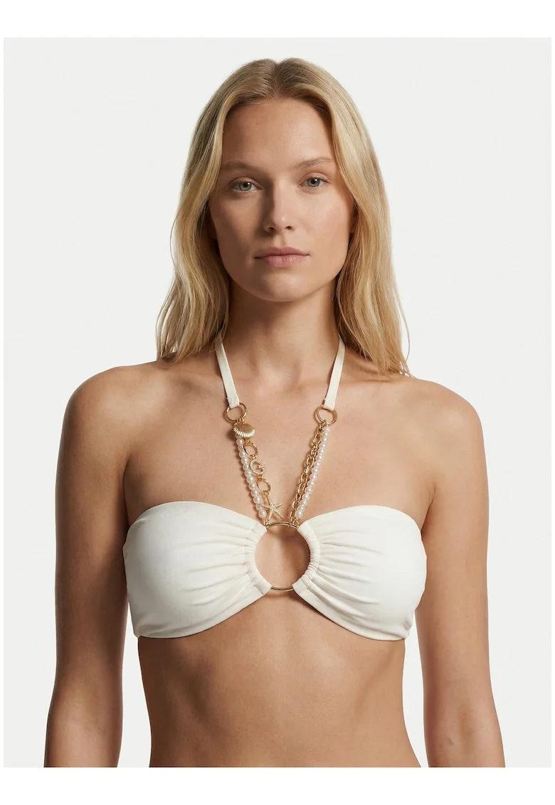 Costum de baie tip bikini,  alb/bej, cu margele decorative, material elastic