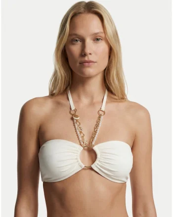 Costum de baie tip bikini,  alb/bej, cu margele decorative, material elastic