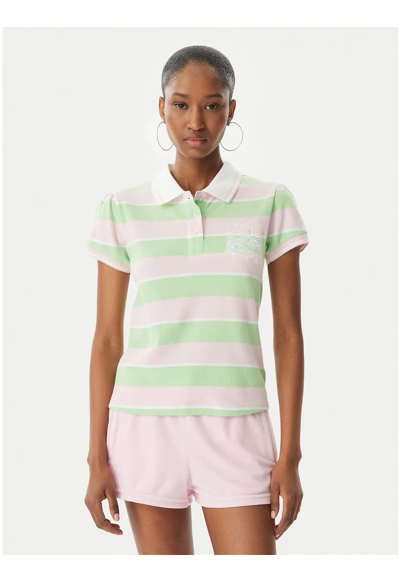 Tricou polo dama,  roz-verde, bumbac, maneca scurta, dungi subtile
