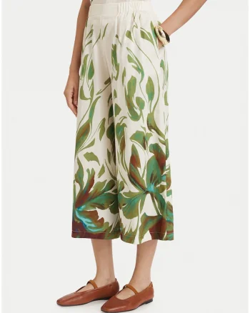 Pantaloni culottes dama,  bej-verde, croiala ampla, bumbac