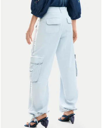Pantaloni dama,  talie inalta, craci drepti, albastru, bumbac/viscoza