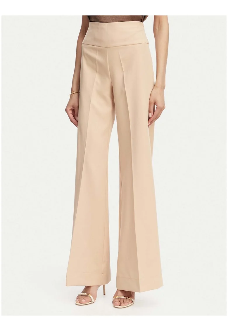 Pantaloni dama,  bej, material sintetic reciclat, croiala evazata, talie inalta