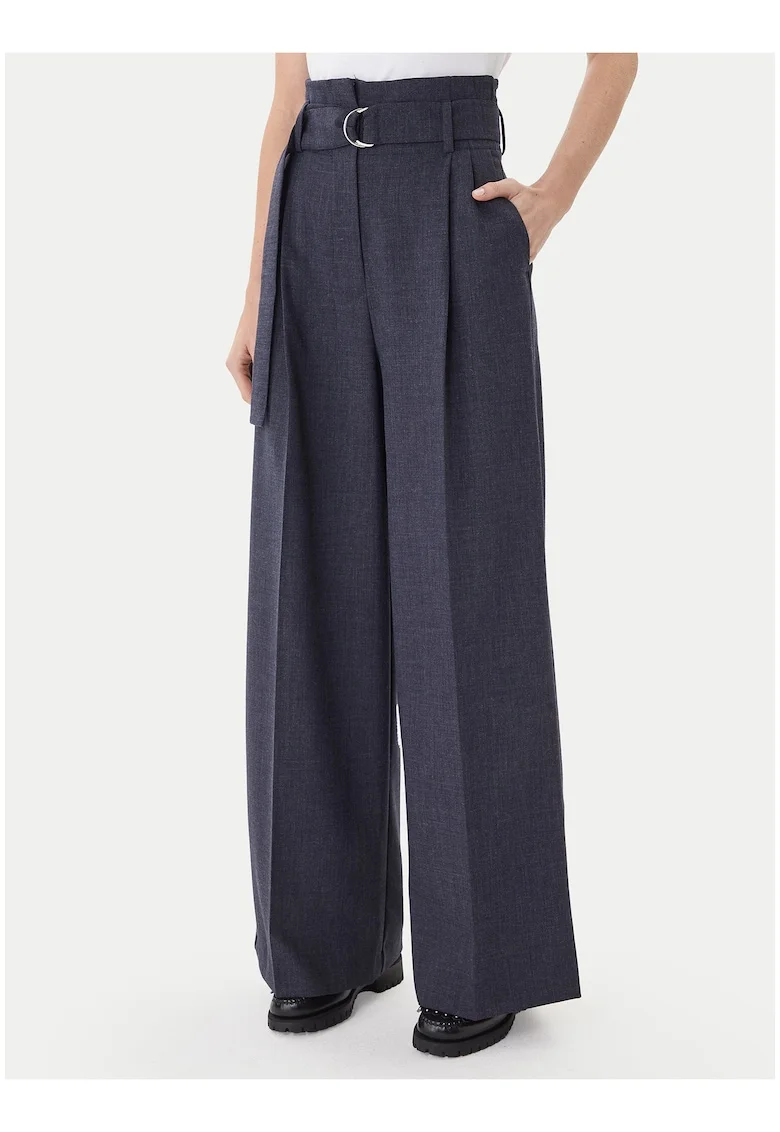 Pantaloni dama,  bleumarin, talie inalta, picioare largi, set cu curea din material textil,