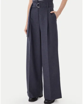 Pantaloni dama,  bleumarin, talie inalta, picioare largi, set cu curea din material textil,