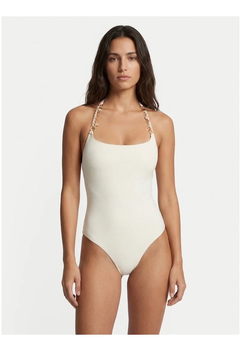Costum de baie dama,  alb/bej, cupe captusite, bretele decorate, material elastic