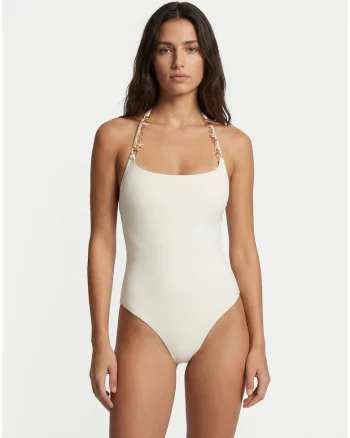 Costum de baie dama,  alb/bej, cupe captusite, bretele decorate, material elastic