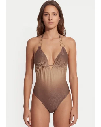 Costum de baie dama,  maro, material sintetic, croiala clasica