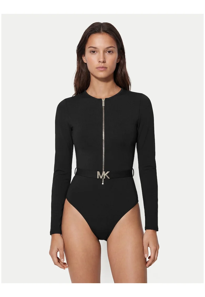 Costum de baie dama,  negru, maneci lungi, curea inclusa, material sintetic