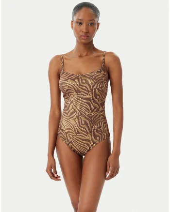 Costum de baie dama,  animal print, material elastic, Maro