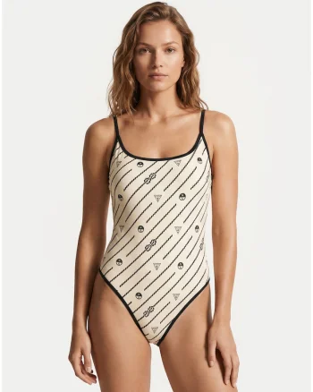 Costum de baie dama,  material elastic, imprimeu grafic, Bej
