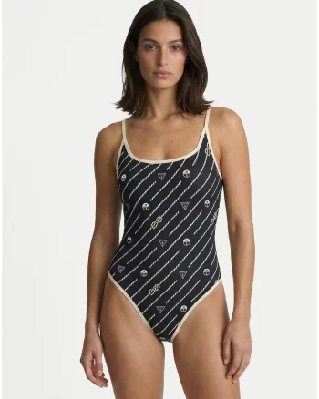 Costum de baie dama,  material elastic, imprimeu grafic, Albastru