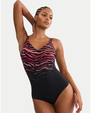 Costum de baie dama,  imprimeu zebra, negru/maro, material sintetic