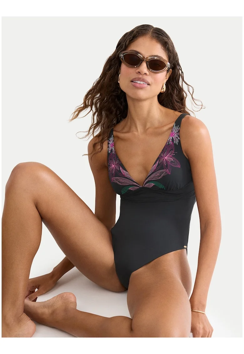 Costum de baie Dama,  negru, floral, material sintetic