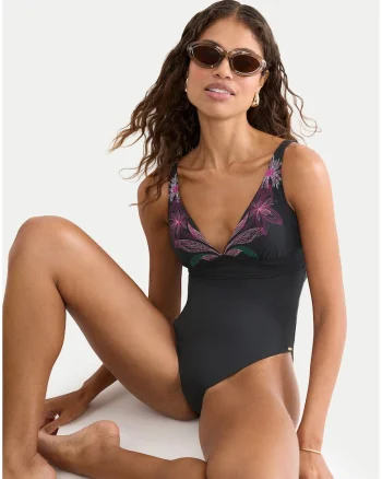 Costum de baie Dama,  negru, floral, material sintetic