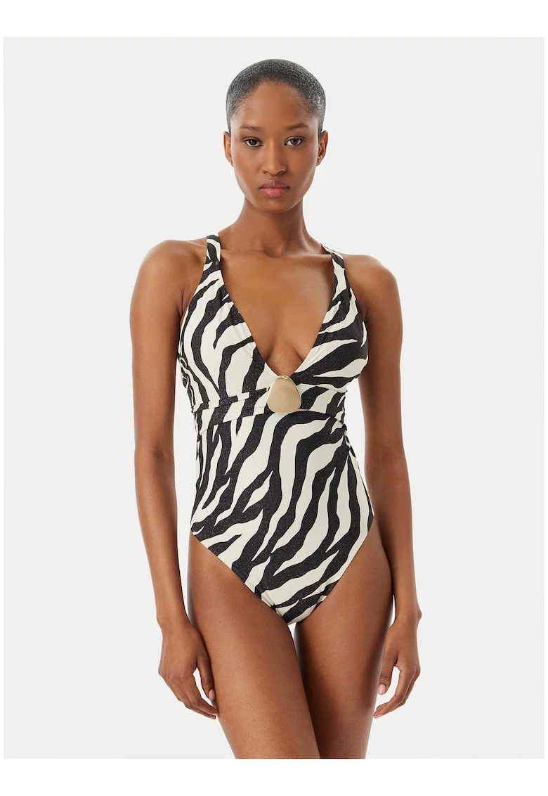 Costum de baie dama,  negru/bej, imprimeu animal print, material elastic