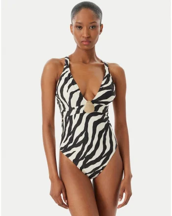 Costum de baie dama,  negru/bej, imprimeu animal print, material elastic