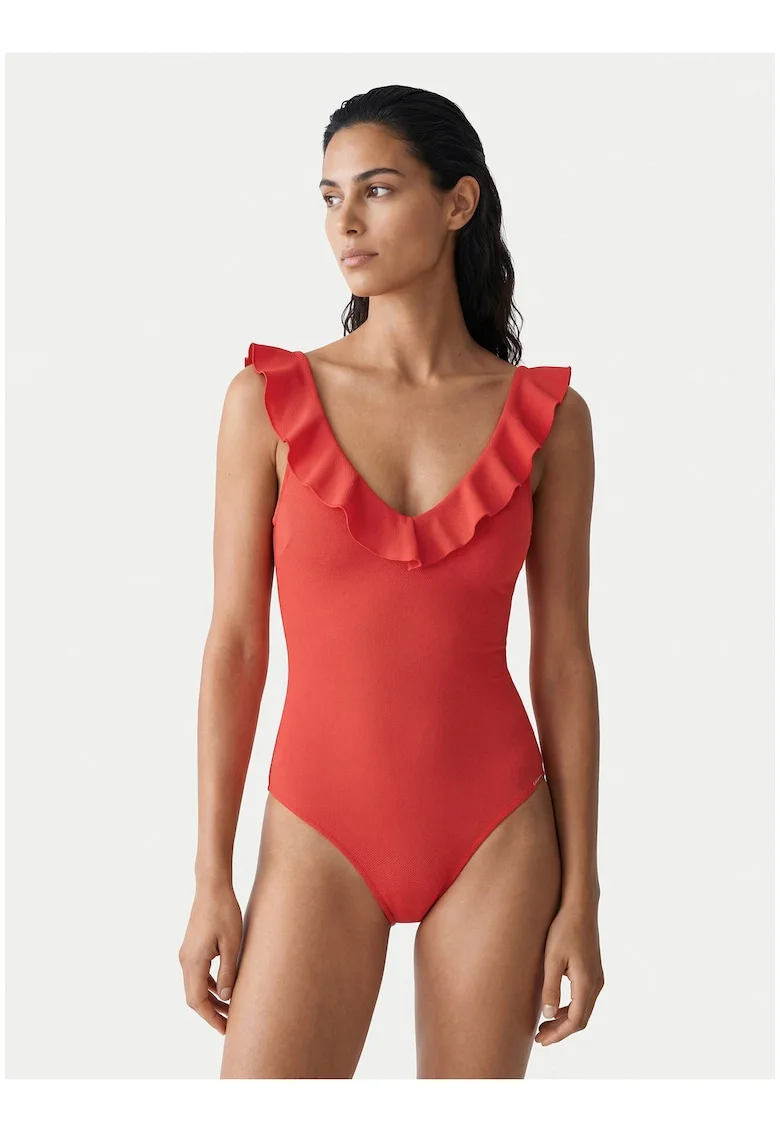 Costum de baie pentru femei,  portocaliu, material sintetic, croiala clasica