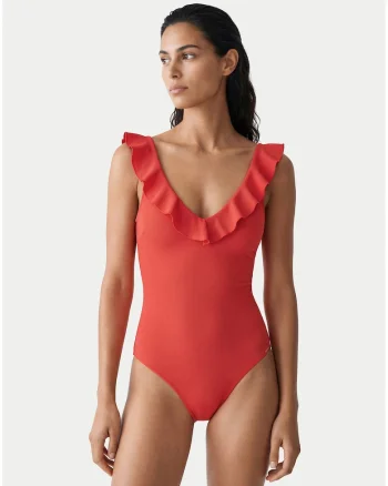 Costum de baie pentru femei,  portocaliu, material sintetic, croiala clasica