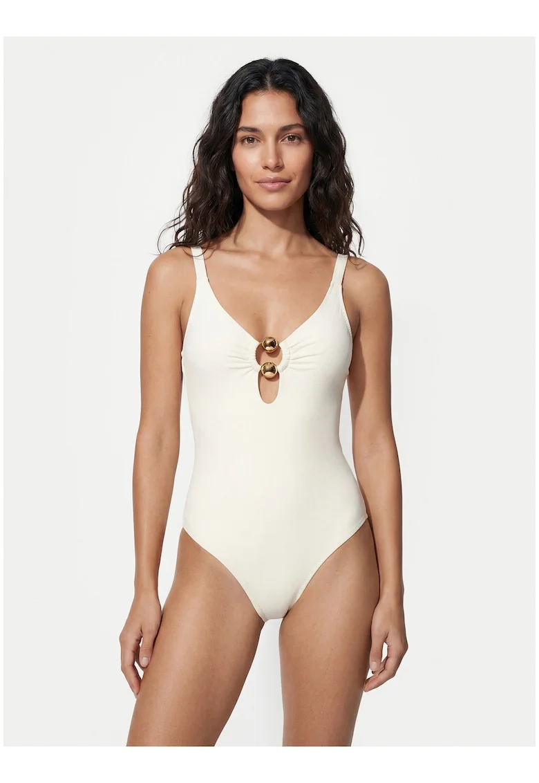 Costum de baie dama,  bej, material sintetic, croiala clasica