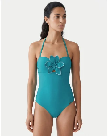Costum de baie dama,  albastru, material sintetic, imprimeu uni