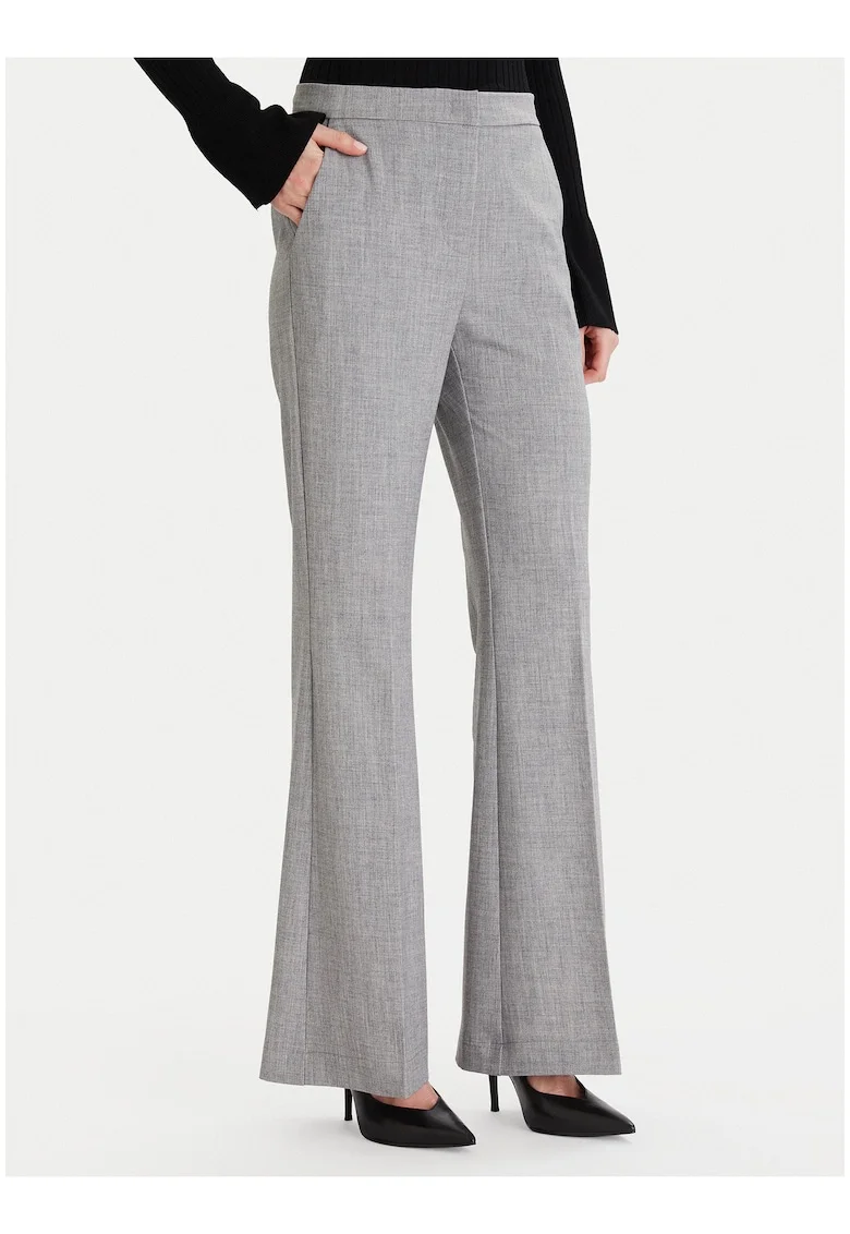Pantaloni dama,  gri, croiala evazata, material textil, sistem inchidere fermoar,