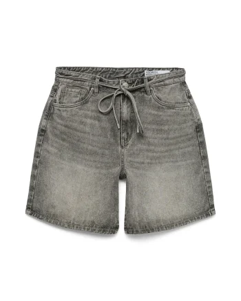 Pantaloni scurti din denim,  gri, croiala lejera, set cu curea