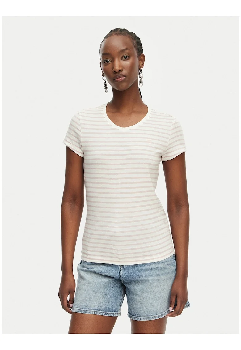 Tricou dama,  dungi, alb/roz, bumbac organic