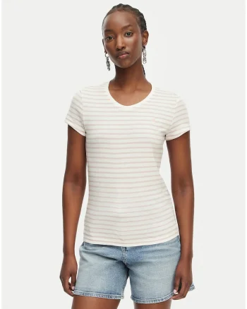 Tricou dama,  dungi, alb/roz, bumbac organic