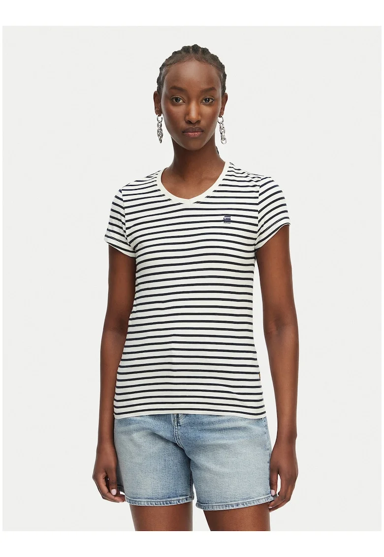 Tricou dama,  alb si bleumarin, bumbac organic, imprimeu dungi