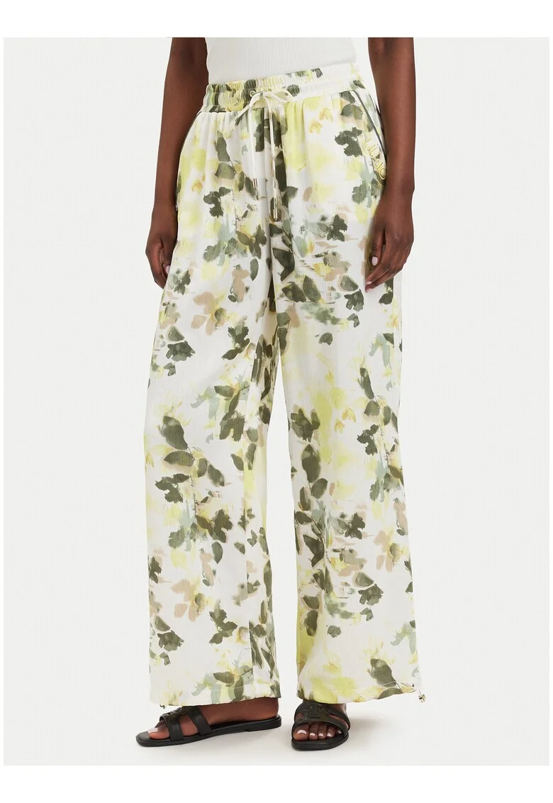 Pantaloni dama,  casual, floral, bej-verde, poliester