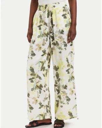 Pantaloni dama,  casual, floral, bej-verde, poliester