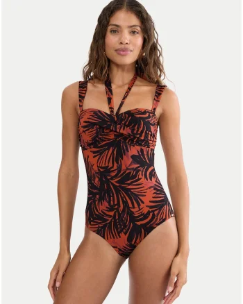 Costum de baie dama,  maro, material sintetic, croiala clasica