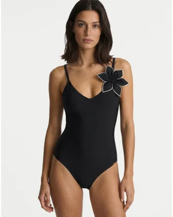 Costum de baie dama,  negru, material elastic, imprimeu floral, set