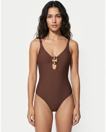 Costum de baie dama,  maro, material sintetic, croiala clasica