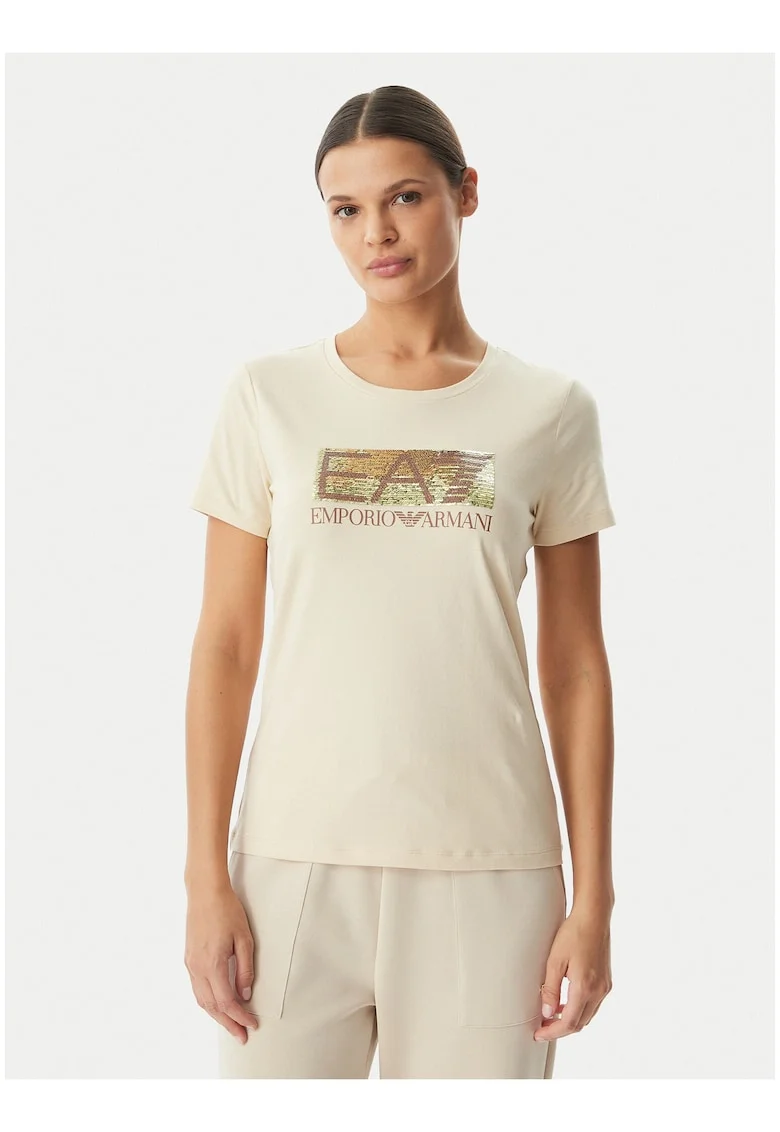 Tricou dama,  bej, bumbac, imprimeu grafic, croiala regular fit