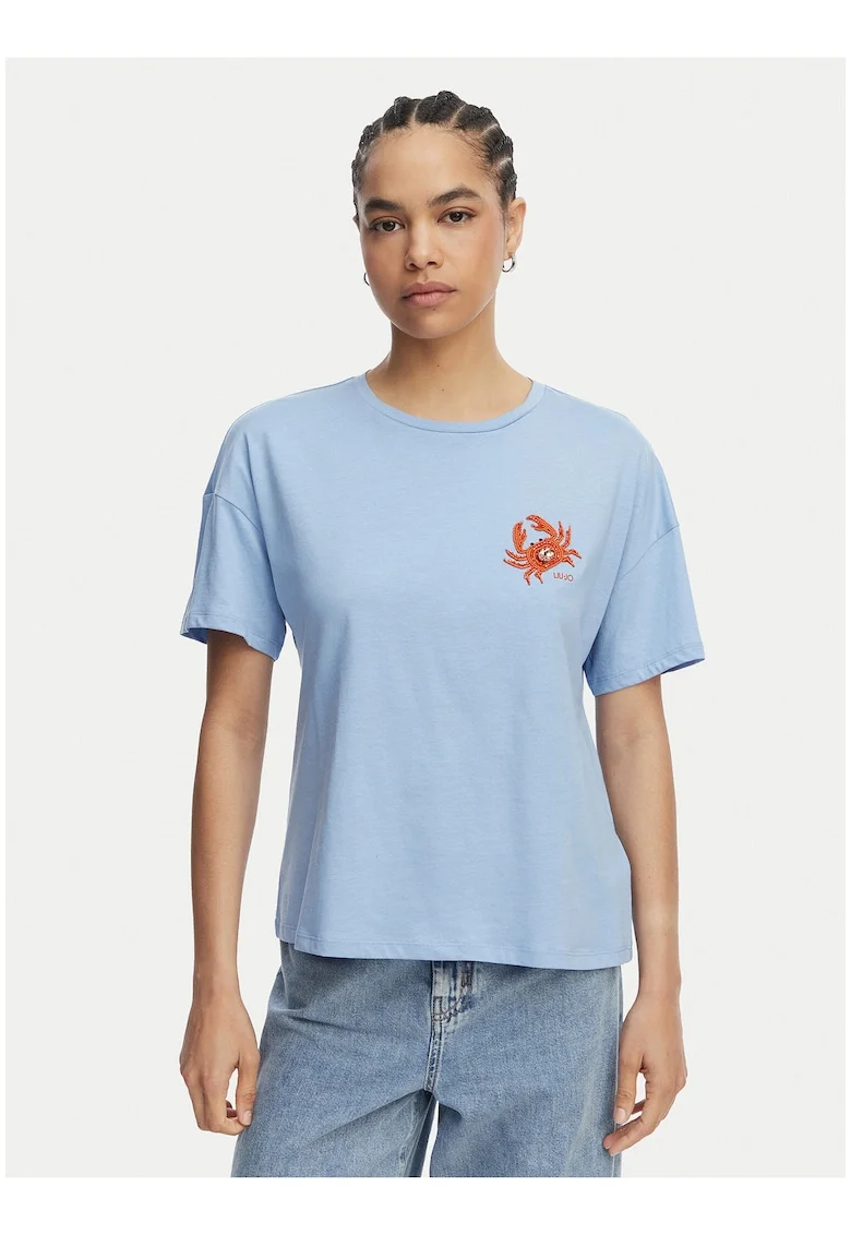 Tricou dama,  albastru, imprimeu grafic, bumbac