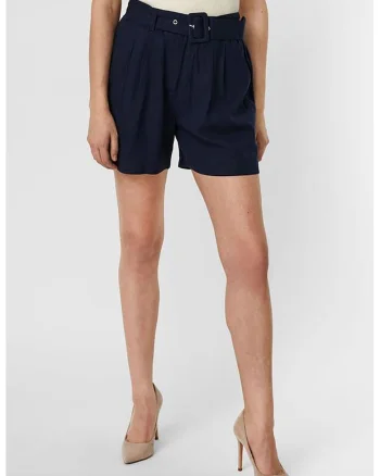 Pantaloni scurti din amestec de in cu talie inalta, Bleumarin