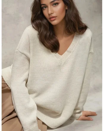 Pulover dama,  tricotat gros, decolteu in V, alb natural, tricot