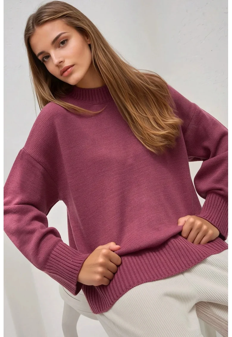 Pulover dama  guler rotund, confortabil, roz prafuit, tricot